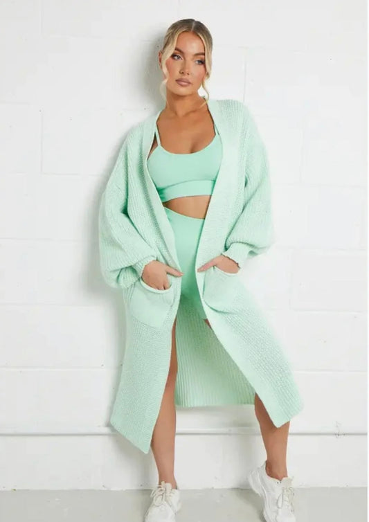 Balloon Sleeve Mint Green Knitted Cardigan