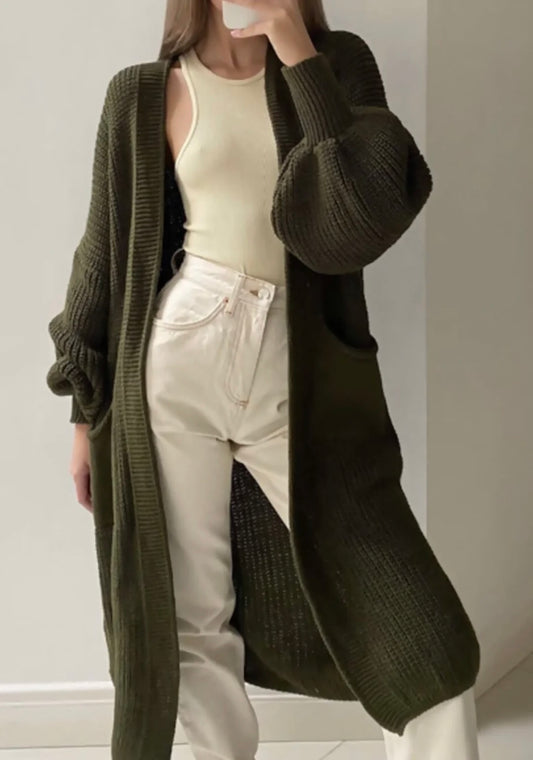 Balloon Sleeve Khaki Knitted Cardigan