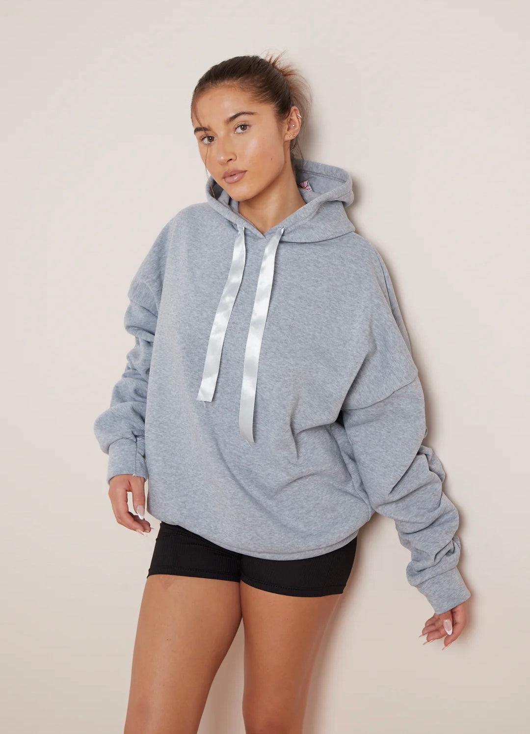 Ruched Sleeve Grey Ribbon Detail Hoodie