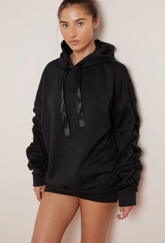 Ruched Sleeve Black Ribbon Detail Hoodie