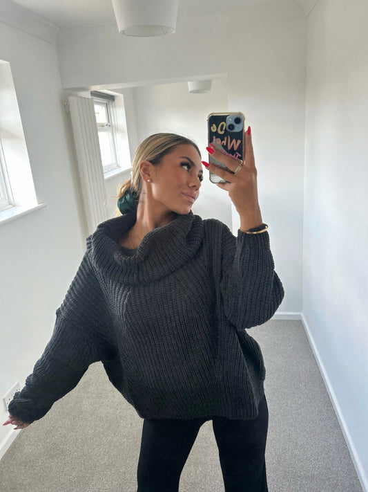 Charcoal Oversized Polo Neck Knitted Jumper